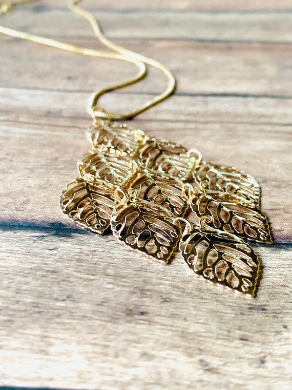 Gold Leaf Necklace Leaf Tassel Minimalist Jewelry Gold Plated Boho