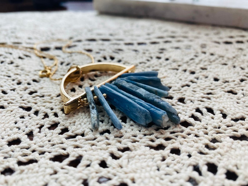 Geometric Gold Necklace Blue Crystal Necklace Stone Jewelry Blue Kyanite Selenite Pendant Boho Chic Crystal Necklace