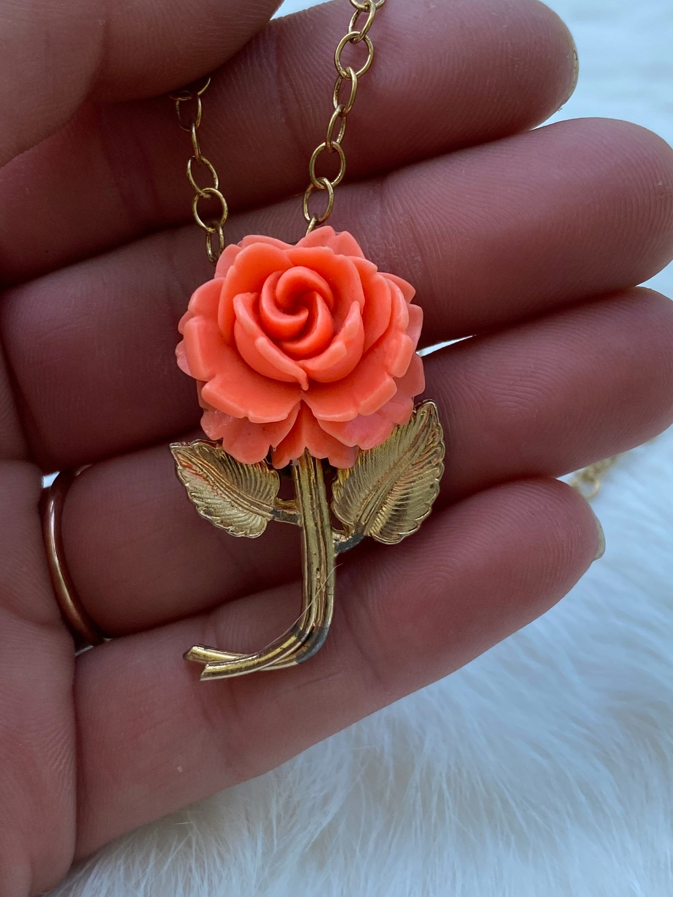 Vintage Rose Pendant - Porcelain Rose - Coral - Flower