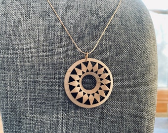 Sunburst Wood Pendant - Woven Wood Pendant- Boho Style Necklace - Gold Necklace - JustBeadItByDrue