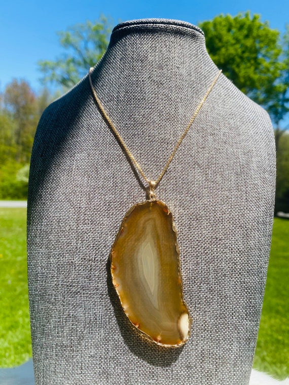 Pendentif Vintage En Agate Naturelle Tranche - Collier Bleu-gris-orange Marbré, Occasion