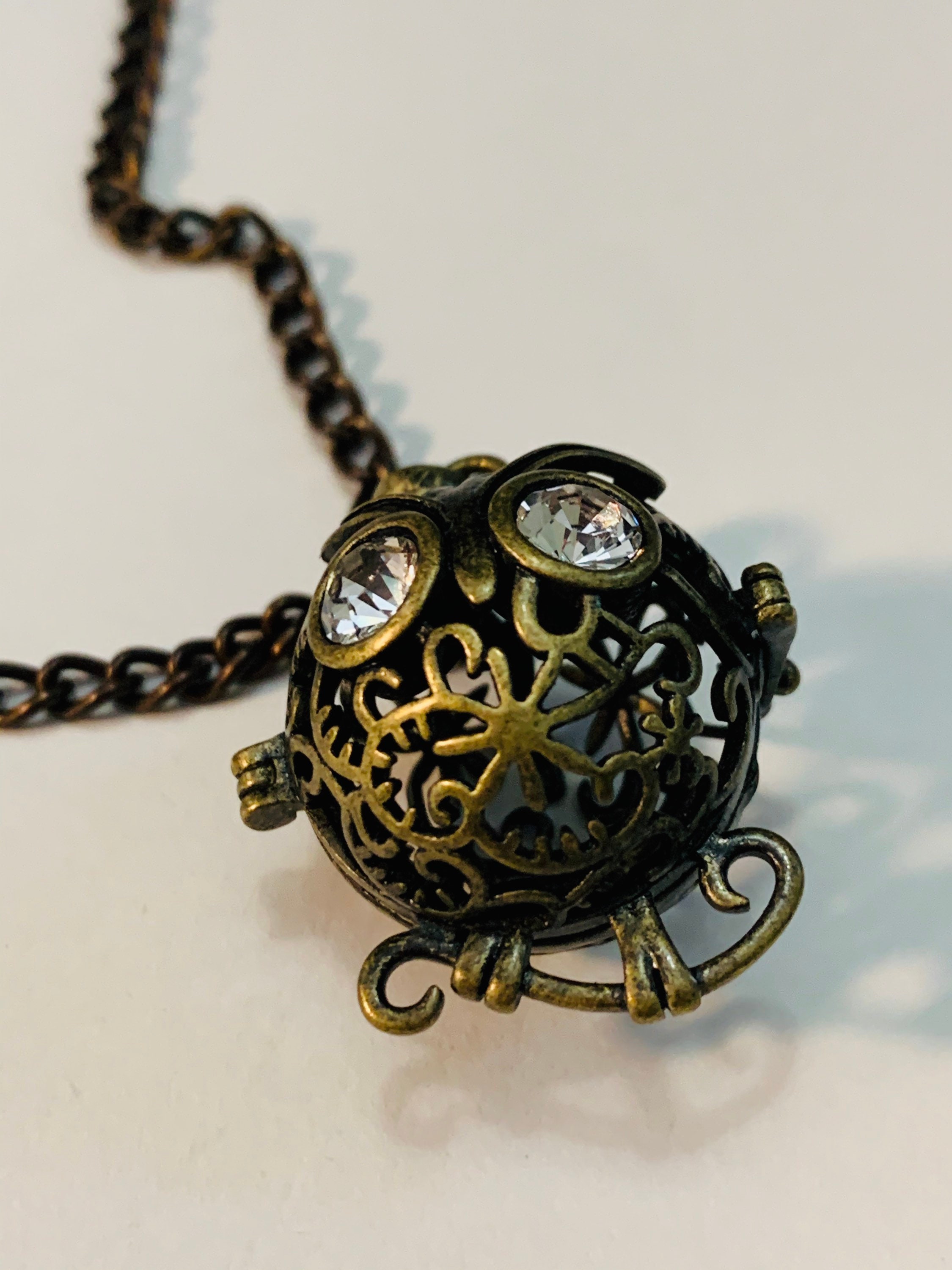 Antique Bronze Owl Locket Necklace: Aromatherapy Essential Oil Diffuser