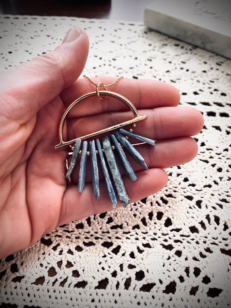 Geometric Gold Necklace Blue Crystal Necklace Stone Jewelry Blue Kyanite Selenite Pendant Boho Chic Crystal Necklace