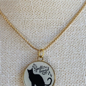 Cat Necklace  - Vintage Cat -  Black Cat - Halloween Charm - Gold Necklace