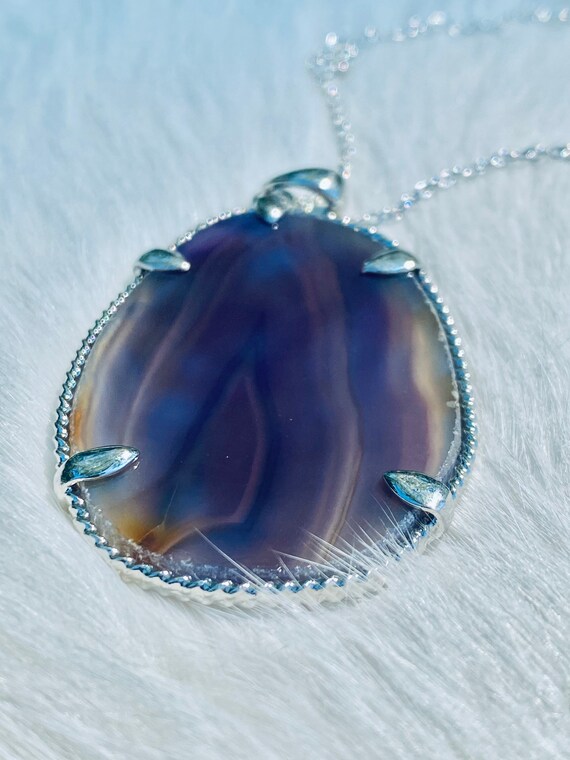 Purple Agate Slice Pendant: Raw Stone Sterling Silver  Hand Crafted Purple Crackle Agate Pendant Necklace Oval Bezel In Silver 4313 main image 0