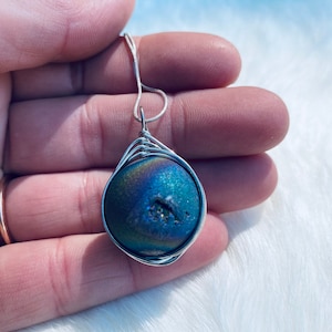 Druzy Necklace- Blue - Purple- Sphere Pendant - Silver Wire Wrapped Stone - JustBeadItByDrue
