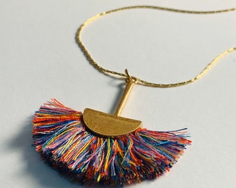 Tassel Fan Necklace - Boho Necklace - Rainbow Necklace - Gold Tassel Necklace - Bohemian Jewelry - Long Fan Necklace