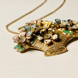Flower Basket Brooch - Floral Pendant - Vintage Brooch - Pastel Rhinestone Flowers - Springtime Gold Necklace