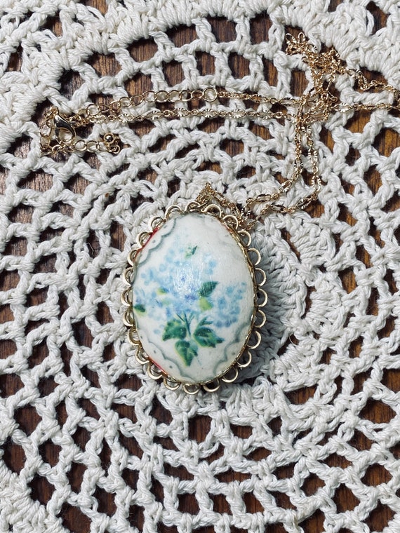 Floral Pendant - Vintage Floral Necklace - Blue F… - image 7