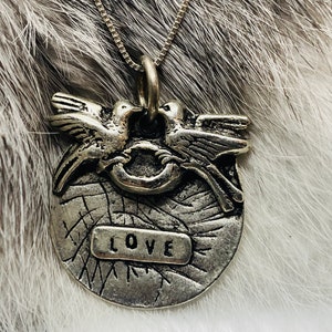 Vintage Bird &#39;Love&#39; Pendant - Sterling Silver Necklace