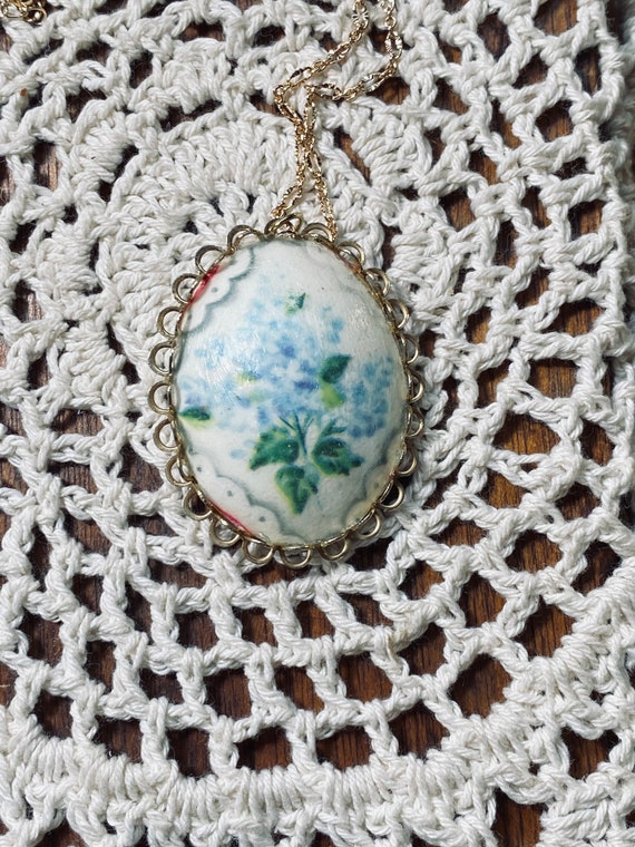 Floral Pendant - Vintage Floral Necklace - Blue F… - image 5