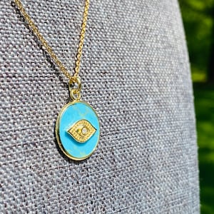 Evil Eye Necklace - Turquoise Stone - Charm Necklace - Kabbalah Necklace - Protection Necklace - 14k Gold Jewelry