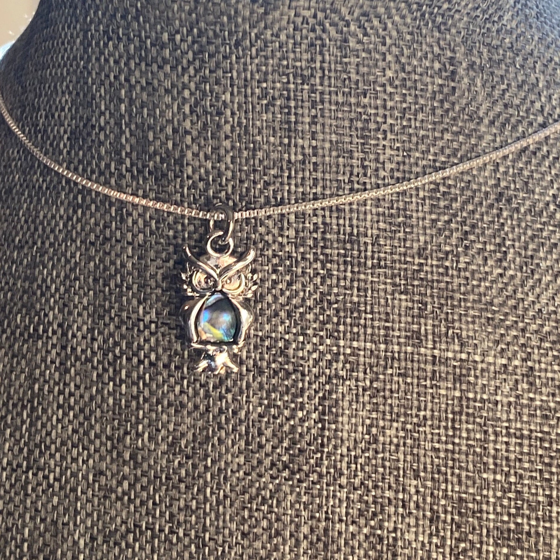 Owl Necklace - Silver Charm Necklace  - Abalone Stone - Sterling Silver Necklace