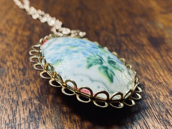 Floral Pendant - Vintage Floral Necklace - Blue F… - image 8