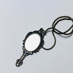 Mirror Necklace - Antique Silver Hand Mirror Pendant - Miniature Hand Mirror - Bronze Chain