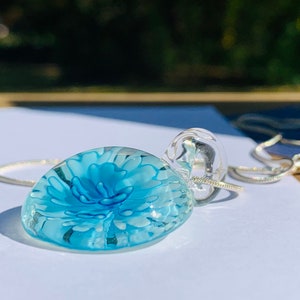 Blown Glass Pendant - Blue Glass Flower Pendant - Blown Glass Jewelry - Sterling Silver Necklace