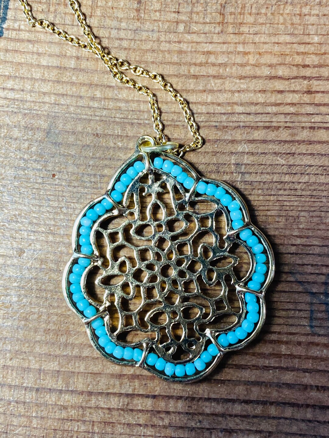 Gold Filigree Pendant Necklace: Turquoise Beaded Moroccan Jewelry