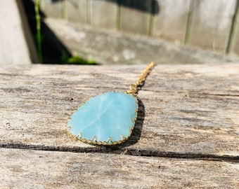 Blue Agate Necklace - Blue Gold Necklace - Gemstone Necklace - Boho Style Jewelry