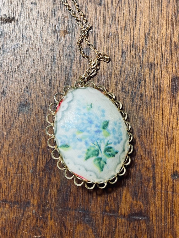 Floral Pendant - Vintage Floral Necklace - Blue F… - image 2