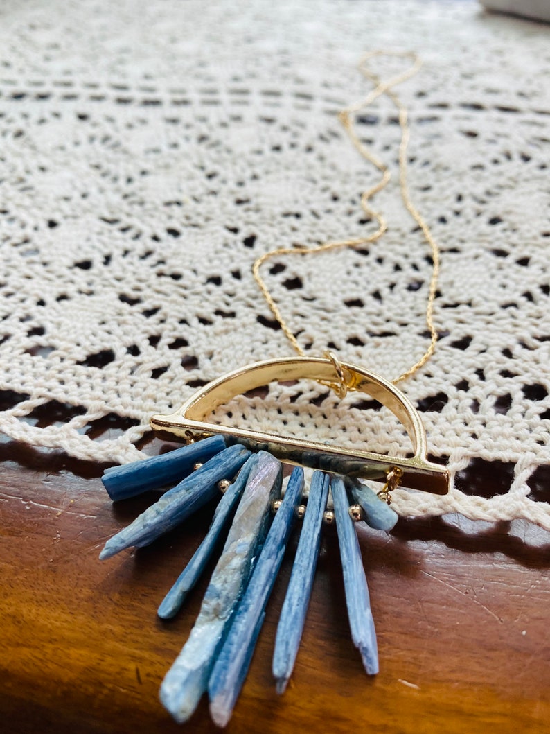 Geometric Gold Necklace Blue Crystal Necklace Stone Jewelry Blue Kyanite Selenite Pendant Boho Chic Crystal Necklace