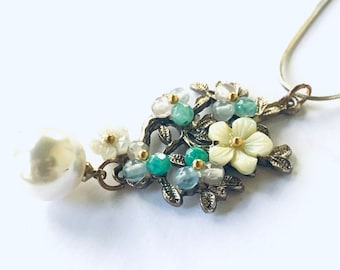 Pendentif perle florale - Pendentif floral - Collier de fleurs - Collier en argent sterling