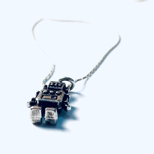 Silver Robot Necklace- Silver Robot Charm - Charm Necklace - Delicate Sterling Silver Chain