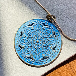 Viola Scrollwork Pendant - Blue Circle Pendant - Bronze Necklace - Boho - JustBeadItByDrue