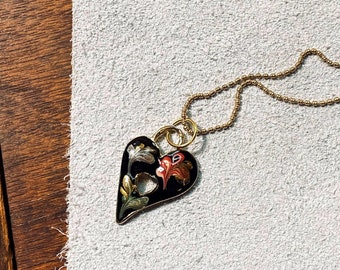 Heart Necklace - Cloisonné Pendant- Retro Floral Pendant - Gold Chain - JustBeadItByDrue