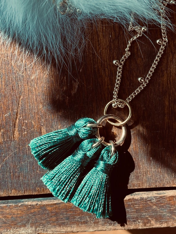 Tassel Necklace Green Fringe Necklace Boho Pendant Hoop Necklace