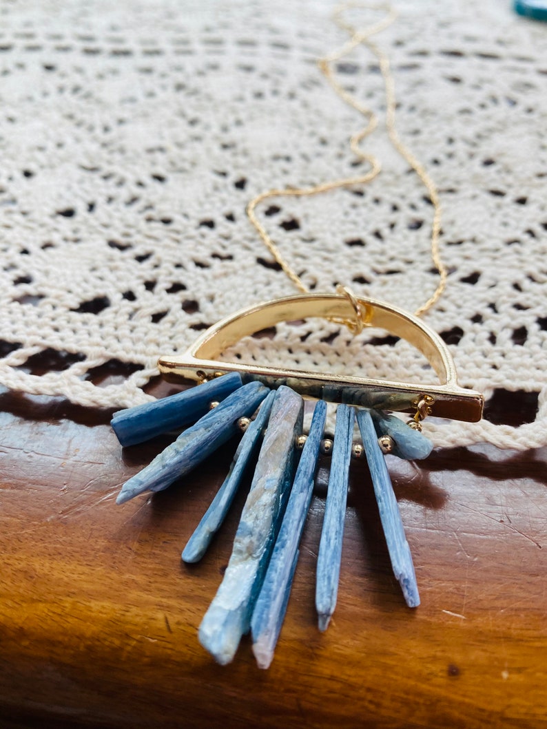 Geometric Gold Necklace Blue Crystal Necklace Stone Jewelry Blue Kyanite Selenite Pendant Boho Chic Crystal Necklace