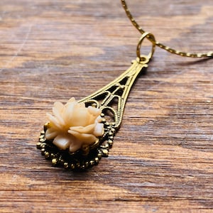 Porcelain Rose Necklace -  Porcelain Rose - Flower Pendant - Vintage Gold Jewelry - JustBeadItByDrue