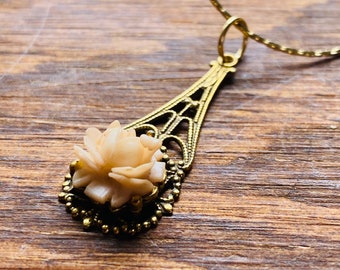 Porcelain Rose Necklace -  Porcelain Rose - Flower Pendant - Vintage Gold Jewelry - JustBeadItByDrue