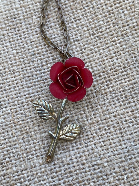 Vintage Rose Pendant - Red Porcelain Rose - Bronz… - image 7