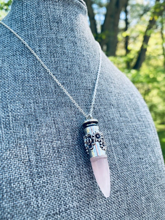 Rose Quartz - Quartz - Antique Silver- Flower Wrapped