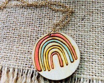 Rainbow Necklace - Circle Pendant - Wood Pendant  - Gold Jewelry - JustBeadItByDrue