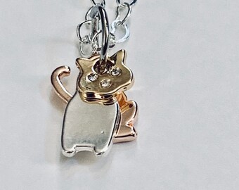 Mixed Metal Cat Charm Necklace - Sterling Silver Geometric Cat Jewelry