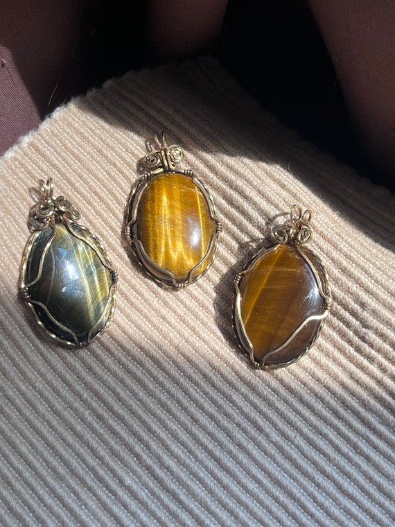 Tiger Eye Oval Gold-Filled Wire Wrapped Pendants
