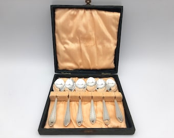 Vintage 1930s Boxed Set of 6-Piece Silver Plated Tea Spoons, EPNS, Flatware, Boxed Cutlery