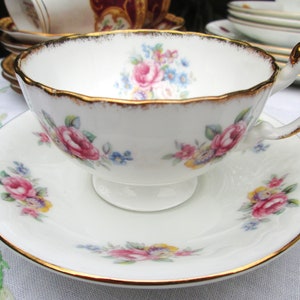 Antique circa 1920 Pink Floral Teacup & Saucer Bone China Duo