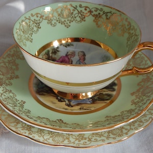 Vintage Tuscan Courting Couple Pink & Green Gilded Trio Signed