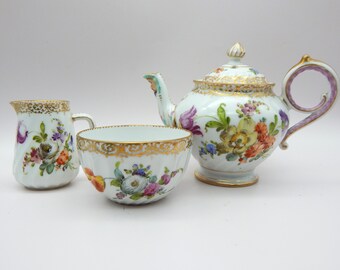 REDUCED - Antique Dresden Rococo Revival Bachelor Teapot Milk Jug & Sugar Bowl Set - rare!