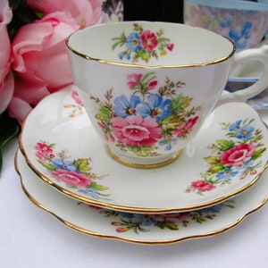 Vintage Pink & Blue Trio Pretty English Bone China Floral Trio