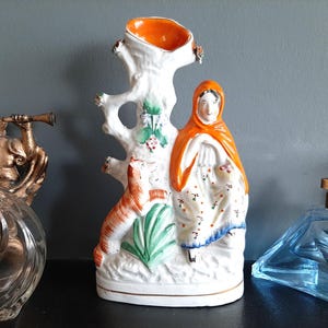 Antique Early Victorian Staffordshire Flatback Spill Vase Woman with Dog