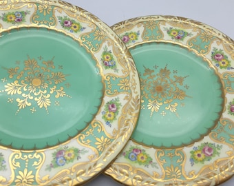 Two Aynsley Salad Plates, Hand Painted English China, Turquoise Gilded Plates, Tea Party China