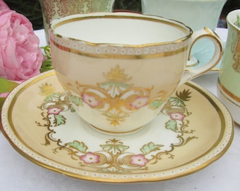 Antique Brown Westhead & Moore 1850s Cup Saucer Duo