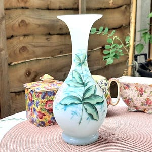 Antique Victorian Hand Painted Sea Blue & Pink Lilies Glass Vase