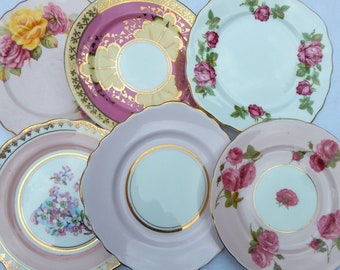 Six Vintage Pretty Pink Mixed Sandwich Cake Plates