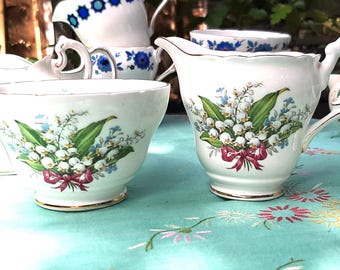 Vintage Regency Lily of The Valley English Bone China Milk Jug and Sugar Bowl