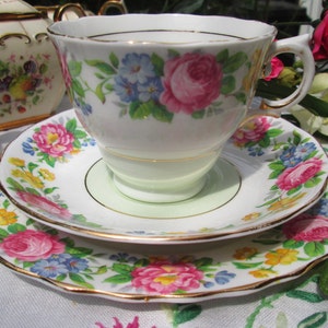 Vintage Colclough Bone China Tea Trio: Pink & Green Floral, Gold Trim