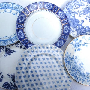 6 Antique Mixed Cake Plates, Blue & White, Pretty English China, Buffet Plates, Tea Plates, Sandwich, Finger Food, Pretty Tea Party